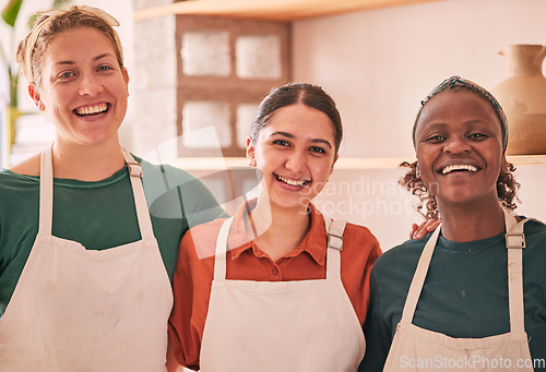 Image of Pottery, creative workshop and portrait of women for small business, artistic startup and art class. Collaboration, teamwork and females happy for success in ceramic, clay sculpture and artwork store