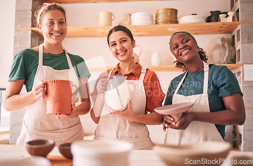 Image of Pottery class portrait, ceramic and women design sculpture mold, manufacturing or art product. Diversity, retail sales store or startup small business owner, artist or happy people in studio workshop