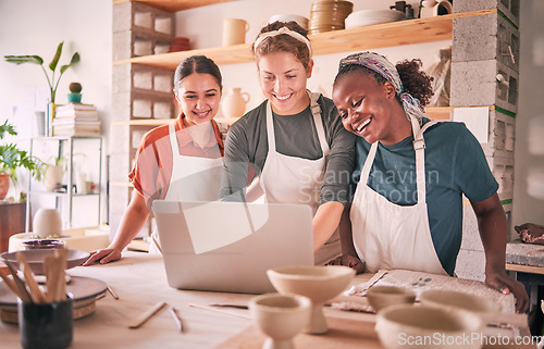 Image of Ceramic store, pottery and happy people with laptop for retail ecommerce, online shopping service or product order. Creative workshop, diversity studio or startup small business owner with art sales