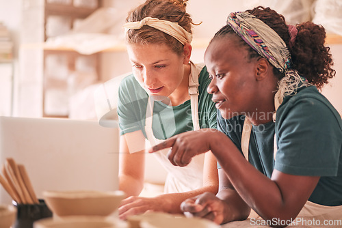 Image of Ceramic store, laptop and pottery women pointing at retail website, online shopping service or ecommerce. Workshop, diversity studio or startup small business owner working on digital sculpture order