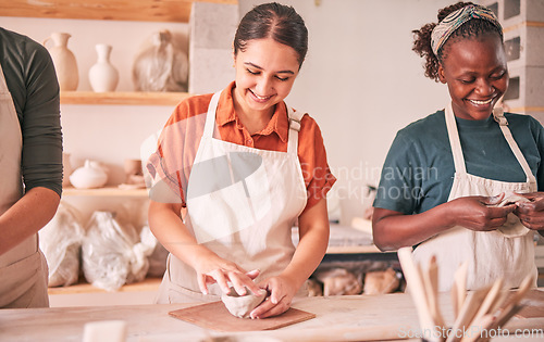 Image of Pottery class, group workshop or happy people design sculpture mold, clay manufacturing or art product. Diversity, ceramic retail store or startup small business owner, artist or studio women molding