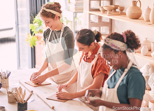 Image of Happy, pottery and people in row working together for creative process, production and productivity. Happiness, passion and talent of interracial colleagues in artistic workspace with smile.