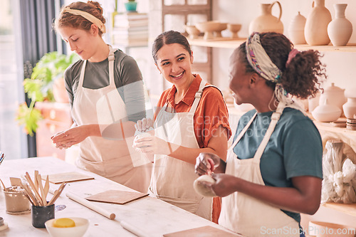 Image of Pottery class, group workshop or happy woman design sculpture mold, clay manufacturing or art product. Diversity, ceramic retail store or startup small business owner, artist or studio people molding