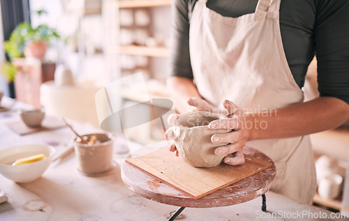 Image of Pottery bowl, hands and woman mold sculpture design, creative manufacturing process or art product. Ceramic store, startup small business owner or woman working on clay handcraft in studio workshop