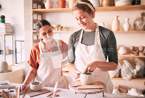 Image of Pottery class, workshop or women teaching sculpture design, clay manufacturing or art product. Creative mold, ceramic retail store and startup small business owner, artist or people working in studio