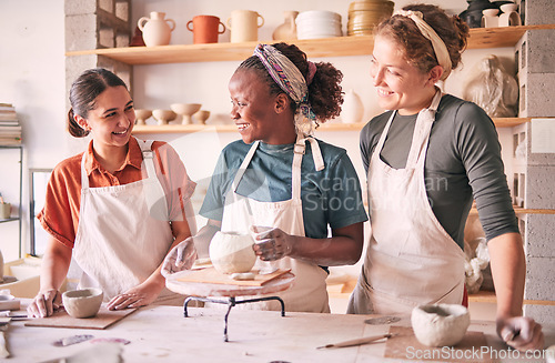 Image of Pottery class, team workshop or women design sculpture mold, clay manufacturing or art product. Diversity, ceramic retail store or startup small business owner, artist or girl group working in studio