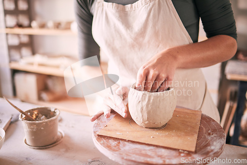 Image of Pottery bowl, hands and artist design sculpture mold, creative manufacturing process or art product. Ceramic store, startup small business owner or woman working on clay handcraft in studio workshop