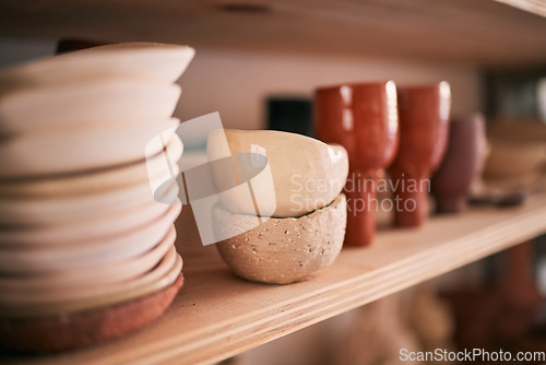 Image of Pottery background, ceramics and bowl on studio shelf, creative store and manufacturing startup. Closeup of clay market, collection and display in workshop, small business and products in craft shop