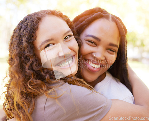 Image of Young women and friends hug portrait for togetherness at park for bonding, wellness and happiness. Gen z, youth and natural black people with happy smile and embrace on summer hangout in nature.