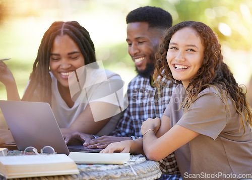 Image of Friends, students and group studying with laptop at park outdoors. Education scholarship, learning portrait and happy people, black man and women with computer for research at university or college.