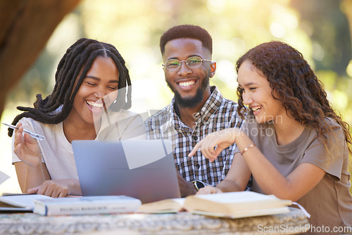 Image of Students, friends and group with laptop laughing at funny meme. Education scholarship, comic portrait and happy people, black man and women with computer laugh at joke, humor or crazy comedy at park.