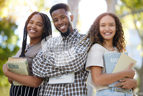 Image of University students, group and friends portrait at park outdoors ready to start learning business management. Scholarship books, education and happy people, man and women standing together at college