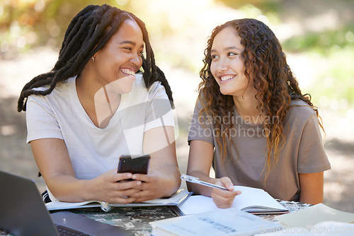 Image of Friends, students and women with phone at park laughing at funny meme. University scholarship, comic and happy girls or females with mobile smartphone laugh at joke or crazy comedy on social media.