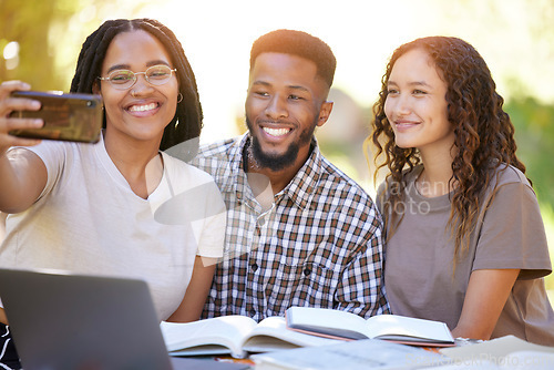 Image of Friends, students and group selfie at park while studying together. University scholarship, photography and people, man and women taking pictures or photo for social media or happy memory outdoors.