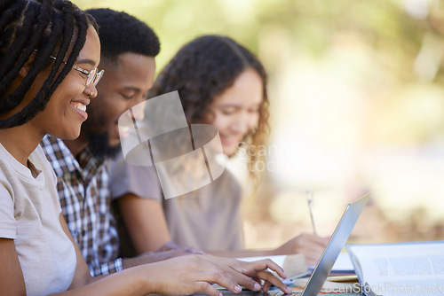 Image of Laptop, friends and study row in park with black people typing and writing notes for academic exam preparation. Young, happy and gen z college students with books for research together.