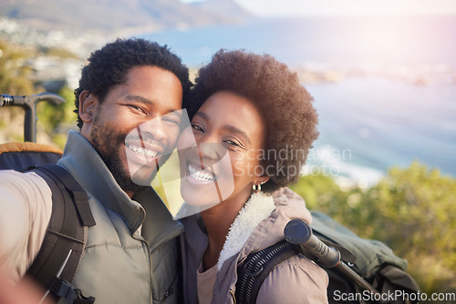 Image of Nature, romance and selfie, couple hiking on mountain for fitness, fun and romantic walk in natural landscape in Hawaii. Love, man and woman talking self portrait with smile in mountains on island.