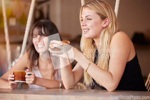 Image of Relax, friends and coffee with women in cafe for happiness, social and lunch break. Summer, reunion and bonding with girl and cup of tea at table in restaurant for support, smile and communication