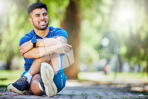 Image of Exercise, fitness and a man outdoor at park with space for mock up cardio workout or training goals. Happy sports person or athlete in nature thinking about a run and energy for health and wellness