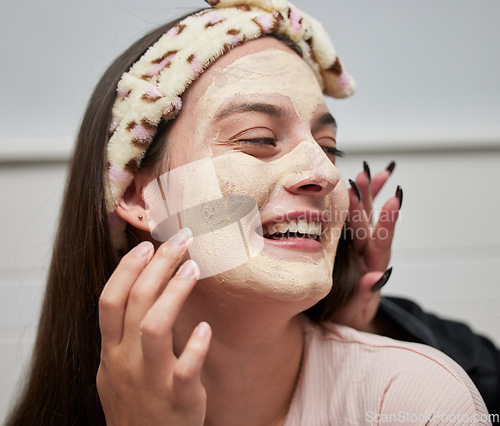 Image of Sleepover, face mask and skincare of a young woman happy about facial and wellness in a bedroom. Friends, lotion and dermatology treatment of youth together having fun doing skin care for glow