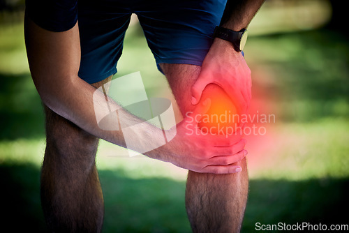 Image of Man, exercise and outdoor with knee pain, leg injury or health problem in nature park during run. Fitness person with hands on joint or muscle after accident during workout or training arthritis fail