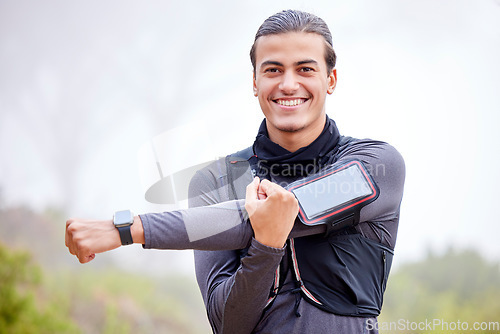 Image of Fitness, stretching and man in portrait with nature mockup for training, workout or running wellness and muscle health. Happy athlete with warm up for outdoor, park or forest sports, hiking or cardio