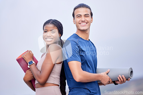 Image of Yoga, couple and holding mat outdoor with smile, teamwork and fitness goals for health, relax and peace. Black woman, man and happiness for exercise, training and mindfulness in nature for wellness