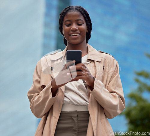 Image of Phone, business and black woman typing in city, internet browsing or social media. Technology, cellphone or female employee with 5g mobile smartphone for research, networking or web scrolling in town