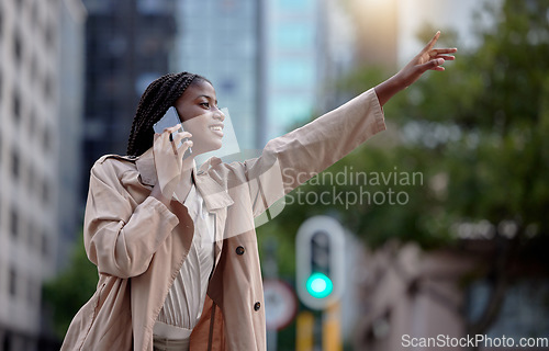 Image of Travel, phone call and black woman with hand for taxi, cab and signal transport service in New York city street. Urban commute, business and girl on smartphone for network, communication and journey