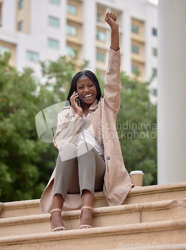 Image of Excited woman, celebration and phone call portrait in city for success, deal or promotion opportunity. Black person happy about winning prize, bonus or business competition while outdoor on stairs