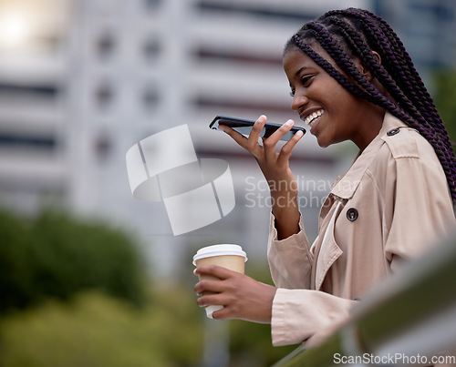 Image of Business, phone call and black woman in city for networking, communication and in conversation. Corporate worker, travel commute and girl recording voice note, walking and talking in New York street