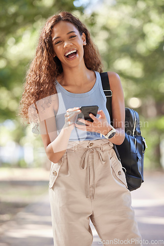 Image of Campus, smartphone and happy woman or student portrait for university, college or school results, email or feedback. Young person on cellphone for scholarship application, study or course information