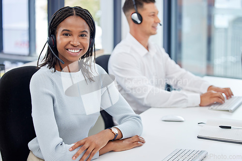 Image of Woman portrait, call center and customer service at office while consulting online for CRM or contact us. Happy team at help desk for telemarketing, sales support and communication with a smile