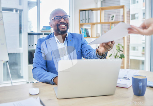 Image of Paper, black man and business computer with accounting worker getting tax return contract. Documents, agenda and finance stock market research of a employee happy about data analytics paperwork