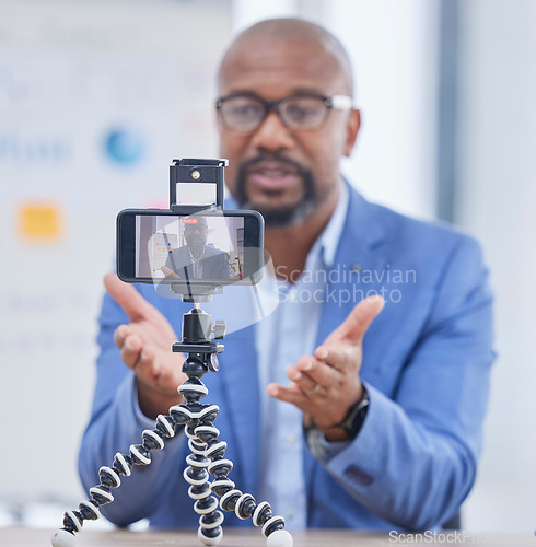 Image of Business webinar, smartphone and black man talking for coaching, teaching and online workshop. Communication, network and entrepreneur influencer record seminar for success, strategy and leadership