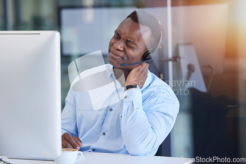 Image of Tired, neck pain and call center with businessman at computer for headache, stress and mental health. Telemarketing, customer support and contact us with employee with burnout, anxiety and overworked