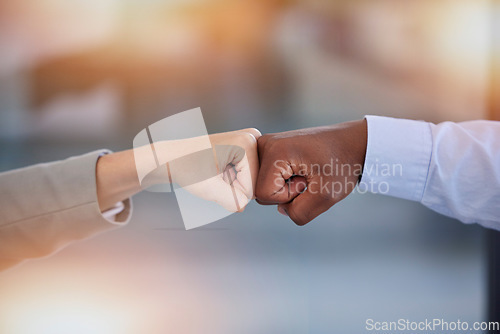 Image of Hands fist bump, support and diversity for business people with goals, motivation and inspiration by blurred background. Closeup, hand touch and solidarity with team building, trust and partnership
