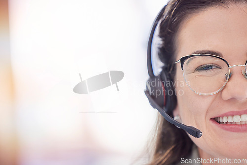 Image of Woman, smile and telemarketing call center office for customer service, crm support and consulting employee happiness. Contact us, online communication and happy consultant agent face for mockup