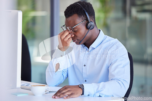 Image of Tired headache and call center with businessman at computer for frustrated, stress and mental health. Telemarketing, customer support and contact us with employee with burnout, anxiety and overworked