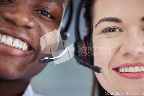 Image of Black man, woman and call center in closeup, smile and portrait for teamwork, help and customer service. Crm expert faces, telemarketing team or consulting support with diversity, vision and pride