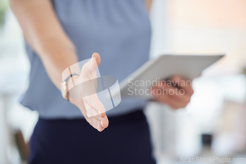 Image of Handshake, deal and business woman welcome with trust, support and hello. Closeup worker offer shaking hands for introduction, meeting and job interview for networking, recruitment and promotion