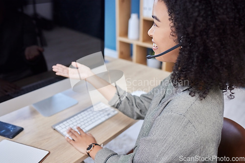 Image of Call center, telemarketing and woman with a computer for customer support, crm and receptionist. Contact us, help and happy agent talking online, giving service and planning on a pc at an agency