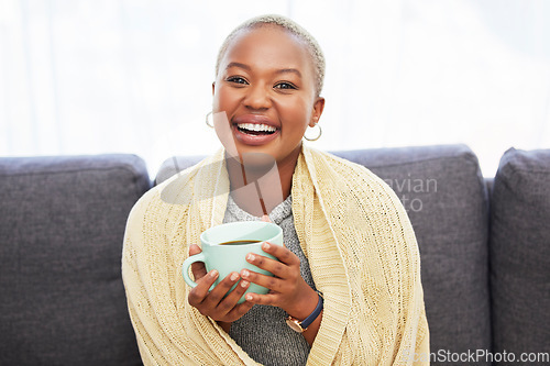 Image of Black woman, portrait and sofa with coffee, smile or relax in home living room for me time. Young African lady, drink or tea on couch for happiness, self care and chilling in house, apartment or room