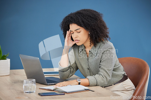 Image of Business, laptop and black woman with headache, stress and burnout in office, overworked and deadline. Corporate, African American female employee and tired leader with pain, depression or frustrated