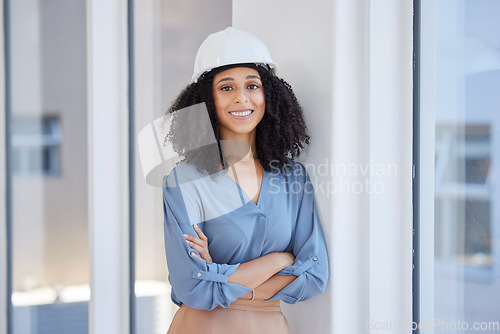 Image of Woman architect, portrait and business construction industry leader with success in a office. Proud, smile and happiness of a architectural engineer company employee ready for safety project work