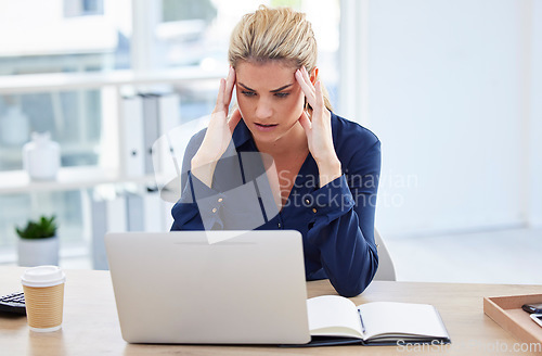 Image of Workplace stress, business woman with headache at desk and reading email on laptop in London office. Receptionist working, young person with burnout or frustrated secretary with crisis at company