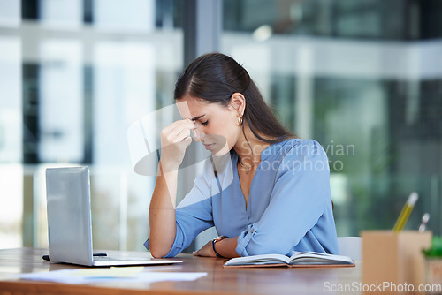 Image of Stress, headache and business woman on laptop at office desk with 404 technology glitch. Tired worker, burnout and computer mistake with anxiety, fatigue and depression of problem, crisis and doubt
