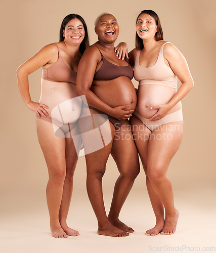 Image of Pregnant body, portrait or laughing women on studio background in diversity empowerment, baby support and community. Smile, happy or pregnancy friends in underwear with stomach in funny or comic joke