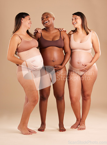 Image of Pregnancy, underwear and studio women with smile, happy and excited for baby, stomach growth or motherhood. Gynecology, diversity and pregnant model with solidarity, community and maternity support