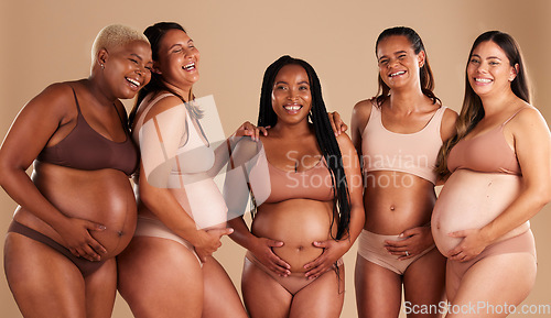 Image of Pregnancy body, portrait or laughing women on studio background in diversity empowerment, baby support or community. Smile, happy or pregnant friends in underwear with stomach in funny joke