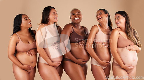 Image of Pregnant body, portrait or laughing friends on studio background in diversity empowerment, baby support and community. Smile, happy or pregnancy women in underwear with stomach in funny or comic joke